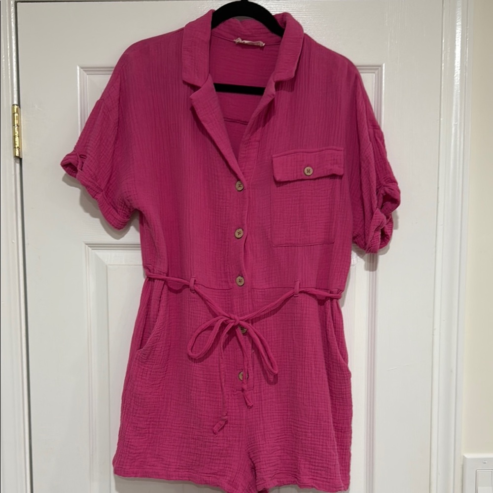 Crinkled Gauze Button-Up Romper with Waist Tie